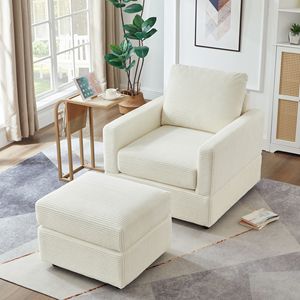 Chaise Longue Classica in Velluto a Coste Beige, Comodo Divano con Poggiapiedi per Soggiorno - Product Image 1