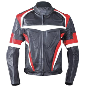 Blouson de moto personnalisé pour homme en cuir noir, rouge et blanc, 220g, manches longues, coupe-vent, color-block, toutes saisons, style course, avec fermeture frontale - Product Image 1