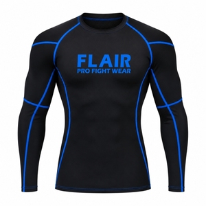Flair <b>Men's</b> Long Sleeve Compression <b>Shirt</b> <b>Black</b> Blue Trim Quick Dry Sporty <b>Fit</b> O-Neck Knitted Polyester - Product Image 2