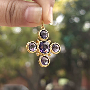 Pendentif Croix Tendance en Quartz Améthyste Plaqué Or 18 carats en Laiton Massif Perlé pour la Fabrication de Bracelets de Bijoux Spirituels pour Enfants - Product Image 4