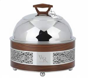 Plat de service rond de luxe en métal artisanal avec bouton en bois, personnalisable avec logo, pour maintenir les aliments au chaud - Product Image 4