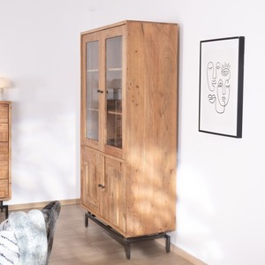Vitrina de estilo retro de 4 puertas Vandana Urban Comfort, grande, en madera de acacia y metal con frentes con diseño de rompecabezas. - Product Image 3