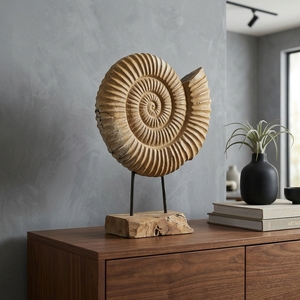 Gerry Lumintu Stand Handcrafted <b>Wooden</b> Ammonite Shell Sculpture <b>Rustic</b> Tabletop Decorative Artwork Metal Stand Home Decor Accent - Product Image 2
