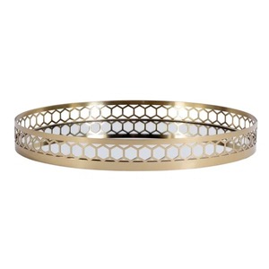 Modern Round Gold Plated Metal Storage Tray Polished Finish Hexagonal Pattern <b>Table</b> Use Single Tier Neatening Organizer - Product Image 6