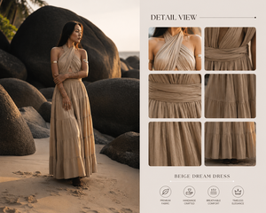 Robe longue élégante beige à col halter et dos nu pour femme, robe de soirée plissée de luxe style bohème pour les fêtes estivales et les tenues de villégiature - Product Image 6