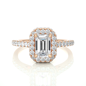 Anillo de Compromiso de Oro Rosa Sólido de 14K con Diamante Cultivado en Laboratorio con Corte Esmeralda y Halo Pavé, Joyería Fina para Novia - Product Image 1