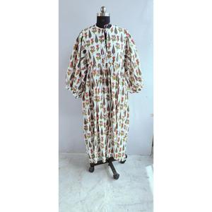 Boho Chic <b>White</b> Hand Block Floral Print Loose Cotton Midi Dress With Tie-Neck Short Sleeve Casual Dress For Women - Product Image 1