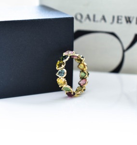 Hermoso Anillo de Eternidad con Turmalina en Forma de Pera Multicolor Natural Botánica en Oro de 14K - Product Image 2