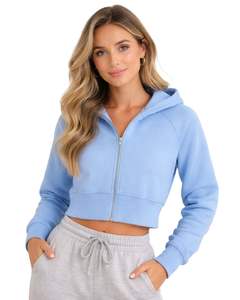 Sudadera con capucha corta para mujer, azul claro, de algodón y forro polar, corte ajustado, estilo casual, ligera, para mujer - Product Image 1