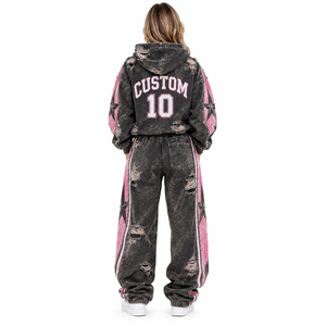 Ensemble jogging et sweat à capuche oversize personnalisé effet délavé pour femme, noir et rose, motif étoile, survêtement déchiré deux pièces, tenue streetwear - Product Image 2