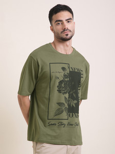 เสื้อยืดแขนสั้นสีเขียวมะกอก พิมพ์ลายกราฟิกดอกไม้สไตล์วินเทจ ทรงหลวม ผ้าคอตตอน 100% คุณภาพสูงสำหรับผู้ชาย - Product Image 4