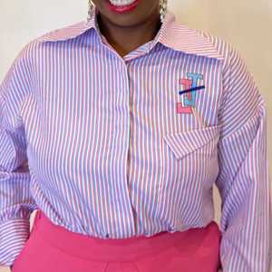 Chemisier rayé boutonné pour femme JJOA, chemise de bureau à manches longues avec logo brodé, haut décontracté professionnel, vente en gros - Product Image 4