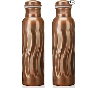 Luxury Fluted Contour Pure Copper Water <b>Bottle</b> Duo Pack Antique <b>Brushed</b> Sheen Reusable Eco Water Container Pair - Product Image 1