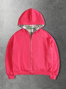 Blouson réversible unisexe à logo personnalisé, rose à carreaux, avec fermeture éclair, à capuche, épais, double face, style bomber, vente en gros, fournisseur OEM - Product Image 2