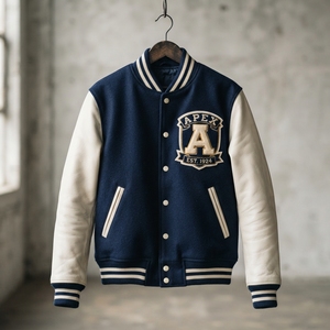 Veste de baseball personnalisée en laine bleu marine avec manches en cuir blanc et patch brodé de qualité supérieure - Product Image 1