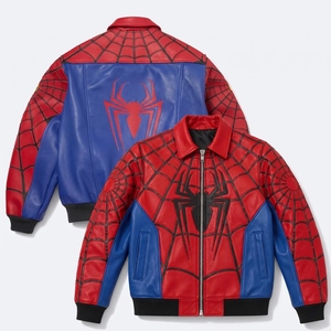 Blouson de moto en cuir personnalisé motif toile d'araignée, rouge et bleu, avec logo araignée brodé, OEM, streetwear sur mesure - Product Image 1