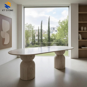 Tavolo da Pranzo in Marmo Beige Artigianale KT STONE: Lastra Solida, <span class=keywords><strong>Base</strong></span> Scanalata, per Progetti Alberghieri e Appartamenti - Product Image 1