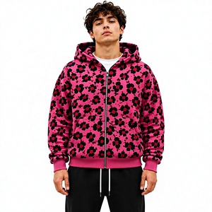 Pink Floral Print Zip Up Hoodie Men Oversized Streetwear Pullover Jacket with Pocket Winter Sweatshirt - Product Image 4