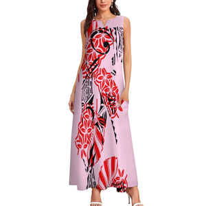 Vestido Maxi Rosa de Último Diseño, Estampado Tribal Polinesio Samoano, Vestido sin Mangas para Mujer, Vestidos Casuales Isleños - Product Image 3