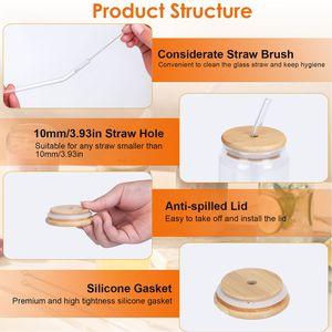 Set di 6 Bicchieri Riutilizzabili da 16OZ in Vetro con Coperchi in Bambù, Cannucce in Vetro e Spazzola per la Pulizia, per Caffè Freddo e Frullati, 100% Vetro - Product Image 2