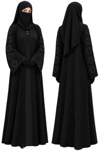 Robe Abaya en polyester noir brodée avec un ensemble niqab et hijab, manches longues, col haut, vêtements de mariage modestes pour femmes musulmanes - Product Image 2
