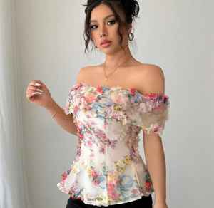 Nueva Blusa Corta con Estampado Floral en el Hombro, Elegante con Volantes y Malla, para Fiestas de Verano, Tejido Transpirable y Cómodo - Product Image 3
