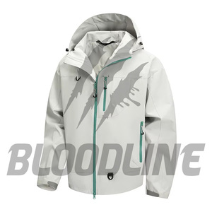Light Blue Hooded <b>Jacket</b> Full Sleeve Windproof Unisex Winter Wear Printed Polyester Coat - Product Image 5