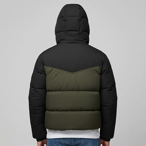 Customized Men's Green Black Puffer Jacket Hooded Zipper Closure Flame Logo Windproof <b>Thick</b> <b>Winter</b> <b>Coat</b> Casual Style Regular Fit - Product Image 2