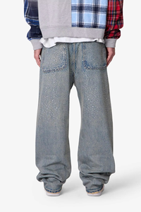Jean en denim pour homme en coton, coupe large, délavé bleu vintage, orné de strass personnalisés de haute qualité, style streetwear hip-hop, OEM ODM - Product Image 3