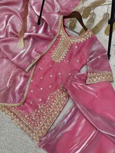 SIE Present Bollywood <b>Inspired</b> Hand Crafted Pure Silk Fabric Semi Stitch Material Salwar Kameez With Dupatta Set For Eid Month - Product Image 5