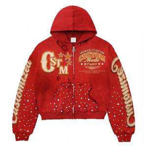 Custom Embroidered Hoodie Mens Massive 450gsm Red <b>Jumper</b> World Custom Collection Graphic Zip up Studded Boxy Fit <b>Pullover</b> Top - Product Image 1