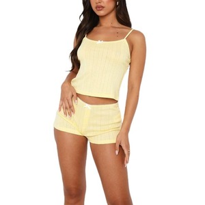 Custom Logo Women Ribbed Cami Tops <b>Shorts</b> Lounge Set Wholesale Cotton <b>Pajamas</b> Sets Factory OEM Casual Sleepwear Bulk Supplier - Product Image 3