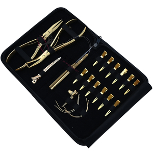 Gold Stylist Hair Extension tools Kit with 7 Inch Flat Bead <b>Crimping</b> Plier Microlink Removal Tool Hook Loop Parting Finger Ring - Product Image 1