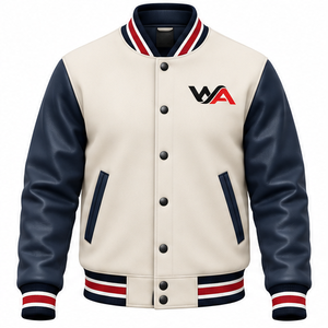 Blouson universitaire homme crème et bleu marine à la mode avec logo lettre rouge et blanc, fermeture boutonnée sur le devant, style preppy, OEM - Product Image 1