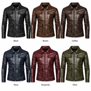 Veste en cuir PU noir pour homme, fermeture éclair sur le devant, col rabattable, multi-poches, coupe ajustée, style motard, vêtement d'extérieur pour l'automne - Product Image 4