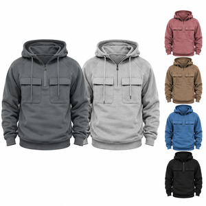 Sudadera con capucha y cremallera de un cuarto para hombre, con estampado, bolsillos en el pecho, manga raglán, forro polar, estilo casual, color liso, para invierno - Product Image 1