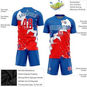 Maillot de football personnalisé à imprimé étoiles rouges, bleus et blancs, col rond, manches courtes, sublimé, anti-humidité, unisexe, pour adultes, tenue d'équipe - Product Image 2