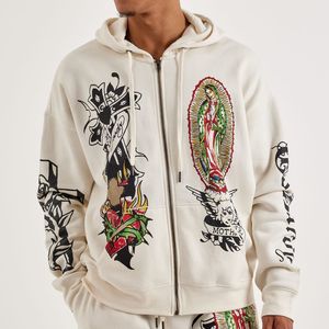 Sudadera con capucha blanca con cremallera para hombre, estilo oversize, con estampado de calavera serigrafiado, de felpa francesa de algodón. - Product Image 1