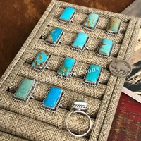 Cincin Batu Permata Turquoise Arizona Asli Berlapis Perak 925 Gaya Bohemian Potongan Zamrud Geometris Perhiasan Fashion Unisex Hadiah
