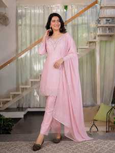 Conjunto de Kurti de seda crepé natural con cuentas hechas a mano, pantalón Farshi Salwar y dupatta con trabajo de Moti para mujer NG 4030 - Product Image 2