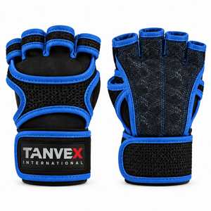 TANVEX INTERNATIONAL PU Half <b>Finger</b> Gym Gloves Mesh Breathable Non-Slip Adjustable Wrist <b>Strap</b> Unisex Fitness Training Glove - Product Image 1