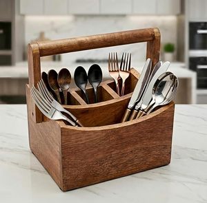 Panier porte-couverts multifonction en bois fait main avec poignée pliable, support à cuillères à 4 compartiments, organisateur de table de cuisine - Product Image 3