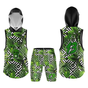 Custom Sublimated 7v7 Flag Football Uniform Green Black Doodle Hooded Sleeveless Jersey with <b>Compression</b> Shorts Training Kit - Product Image 2