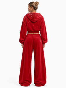 Ensemble coordonné de luxe pour femme en velours orné de cristaux, comprenant un sweat à capuche court zippé et un pantalon palazzo coupe décontractée, collection automne, personnalisable OEM ODM pour marques de mode - Product Image 2