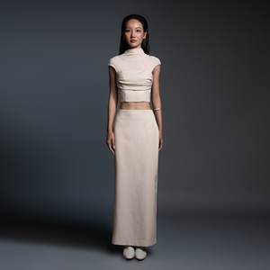 Women's <b>Skirts</b> Cotton Blended Beige Woven Minimal Pencil <b>Skirt</b> Beige Minimalist Straight-cut <b>Skirt</b> ODM OEM - Product Image 2