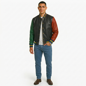 Veste universitaire en cuir véritable pour homme, style décontracté automne, col rabattu, color-block - Product Image 4