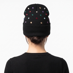 Bonnet d'hiver tricoté personnalisé brodé, chaud et doux, avec perles et strass, en acrylique noir, pour femme - Product Image 5