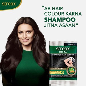 Streax Insta <b>Shampoo</b> <b>Hair</b> <b>Colour</b> For Unisex Long-Lasting Instant <b>Colour</b> - Natural Black [0.61floz(18ml) Pack of 10] - Product Image 3