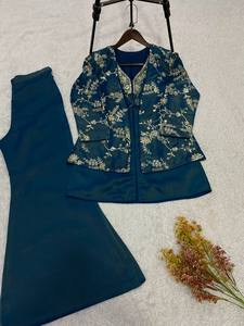 Luxury Slate <b>Blue</b> Silk Afghani Style Co-Ord Set Wrinkle-Free Heavy Silver Floral Embroidered Open Front Shrug Inner <b>Tunic</b> Flared - Product Image 3