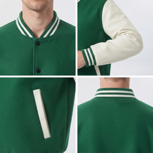 แจ็คเก็ตวาร์ซิตี้ผู้ชาย OEM ตัวเสื้อทำจากผ้าขนสัตว์ แขนทำจากหนัง PU แจ็คเก็ตเบสบอลแบบ Letterman ติดกระดุมแป๊ก ขอบเสื้อแบบริบ สีเขียว รับผลิตตามสั่ง ขายส่ง - Product Image 3